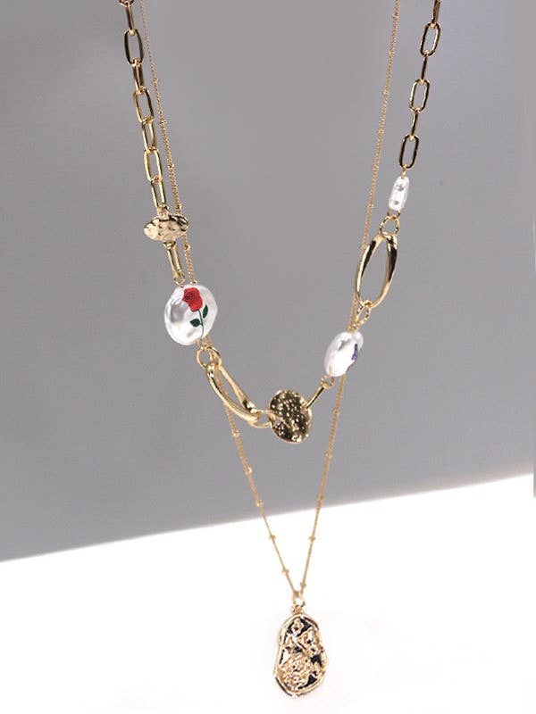 FLOWER BUTTERFLY PRINT ON PEARL LAYER NECKLACE | 25N637 for wholesale by JOSSLYN by wall to wall