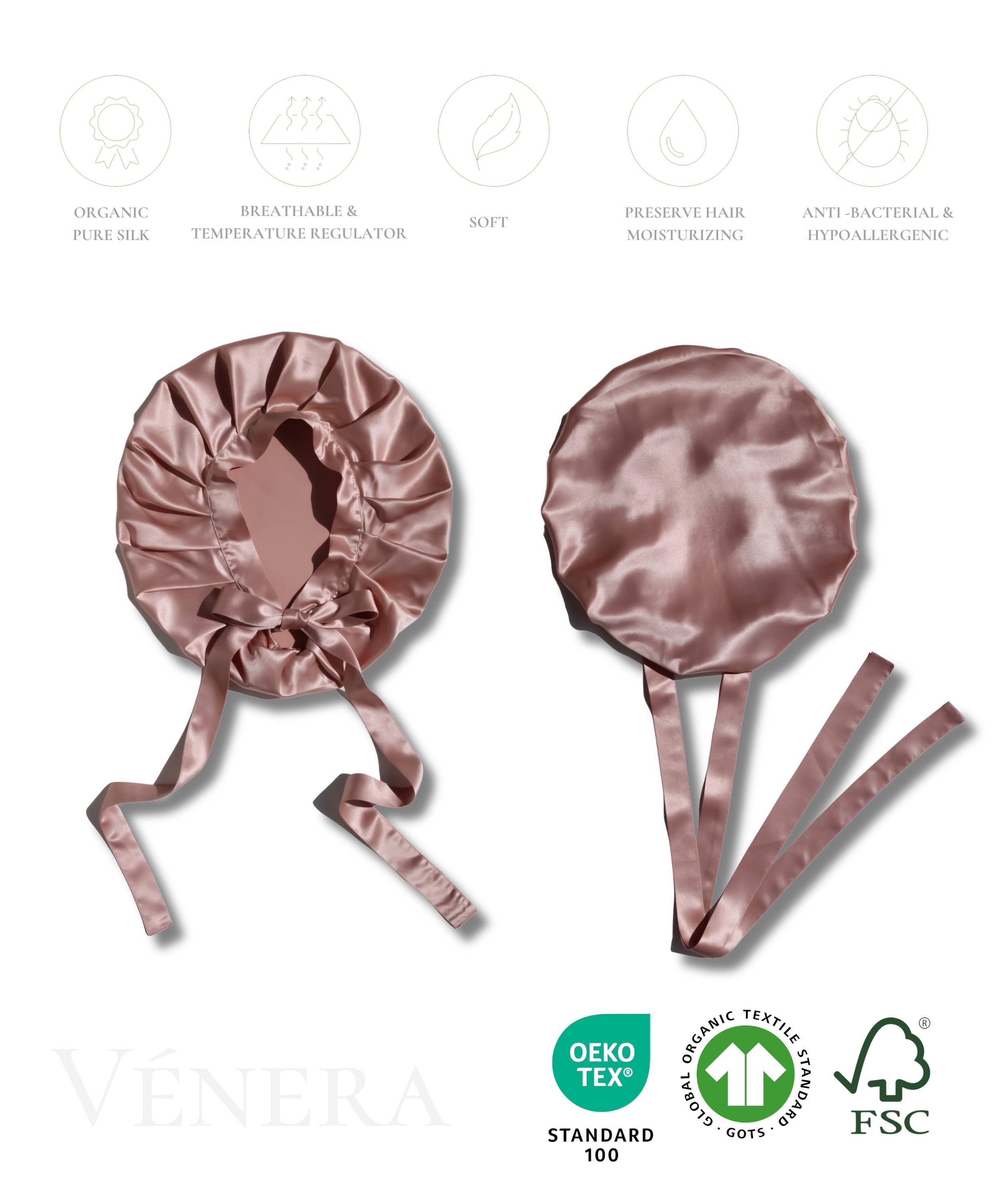 Vénera - Wholesale Sleep Cap / Bonnet - Women's - 100% Organic Pure Silk Hair Bonnet - Rose Gold Pink1