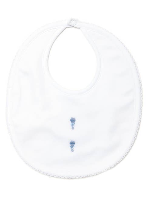 Blue Baby Rattles Pima Bib - White for wholesale by Milly Marie Pima