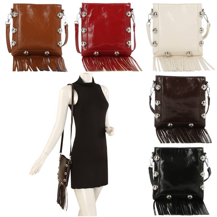 Oblige by G - Wholesale Crossbody bag – Women's - Side Stud Faux Leather Fringe Crossbody Bag
GMG-01081