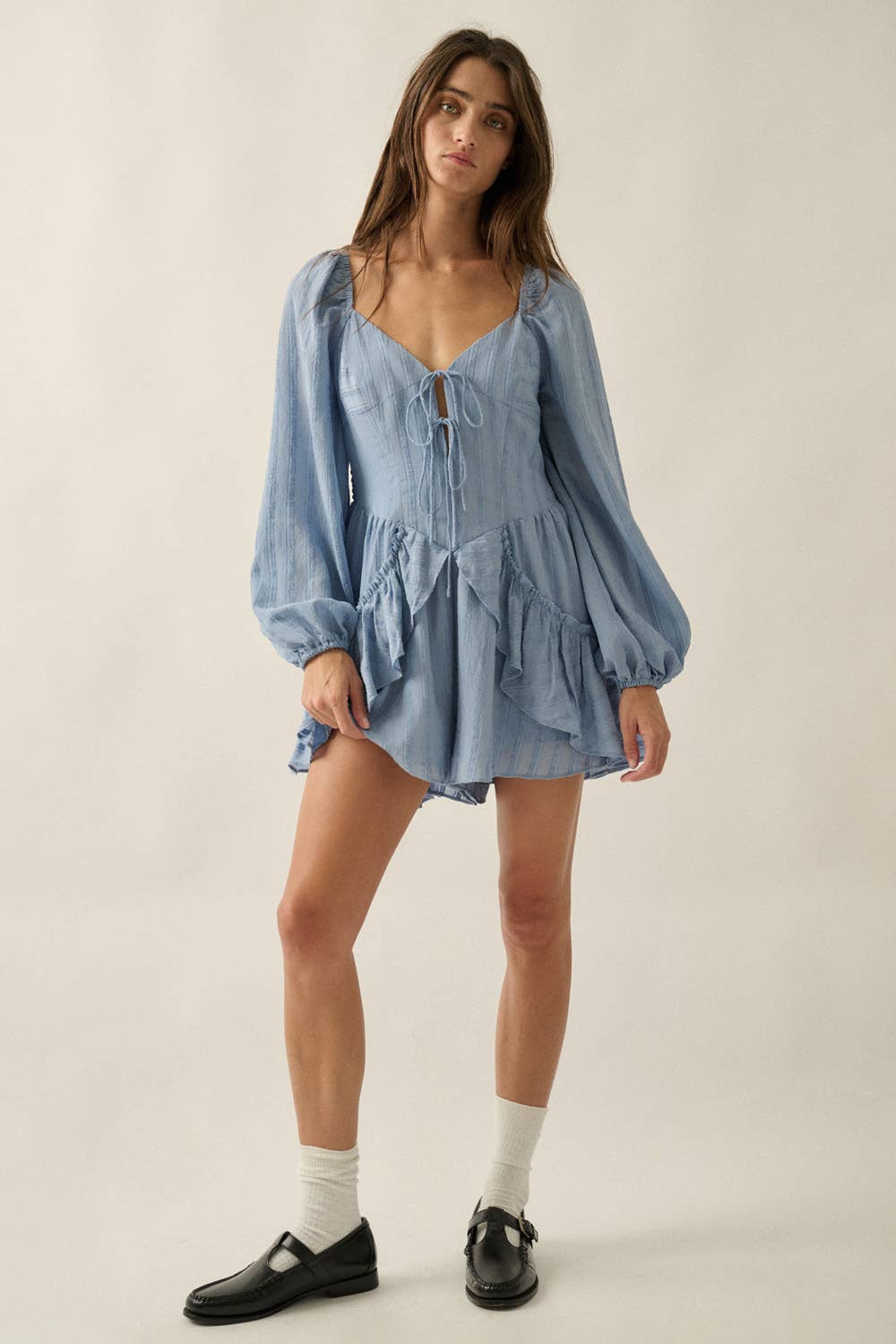 Promesa USA - Wholesale Romper - Women's - Textured Tonal-Stripe Ruffled Tie-Front Romper18