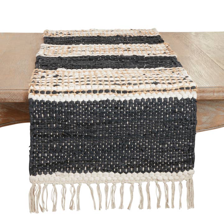 Black Natural Boho Leather Chindi Fringed Table Runner for wholesale on Faire