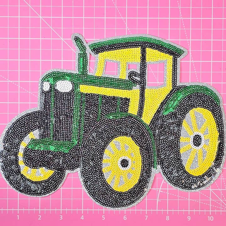 Scratch Decor - Wholesale Patch - Green Tractor Farm Equipment Sequin Glitter Large Iron-on Patch1