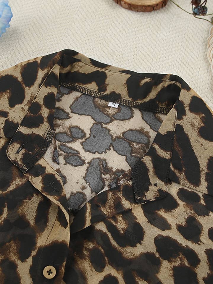 LEOPARD CWSPJ0073_LEOPARD PRINT LONG SLEEVE SHIRT SHORTS PAJAMAS SET for wholesale on Faire5