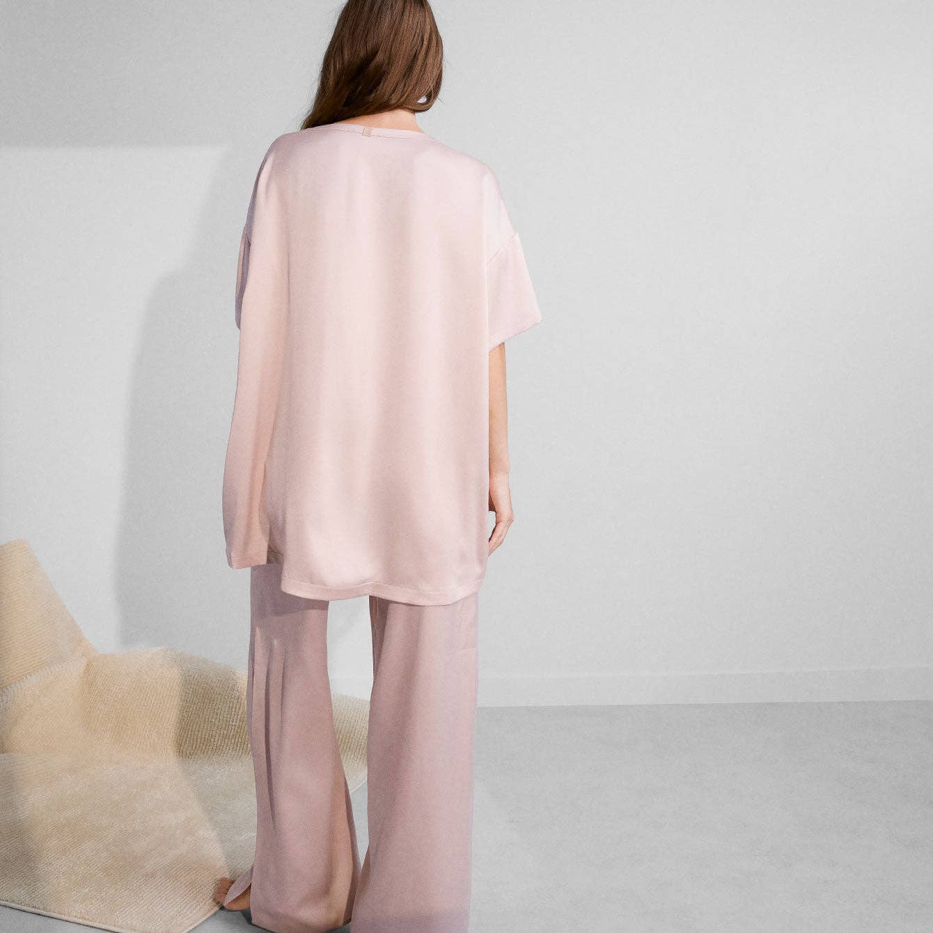 Delicate Pink Washable Silk Tee Pant Set for wholesale on Faire2