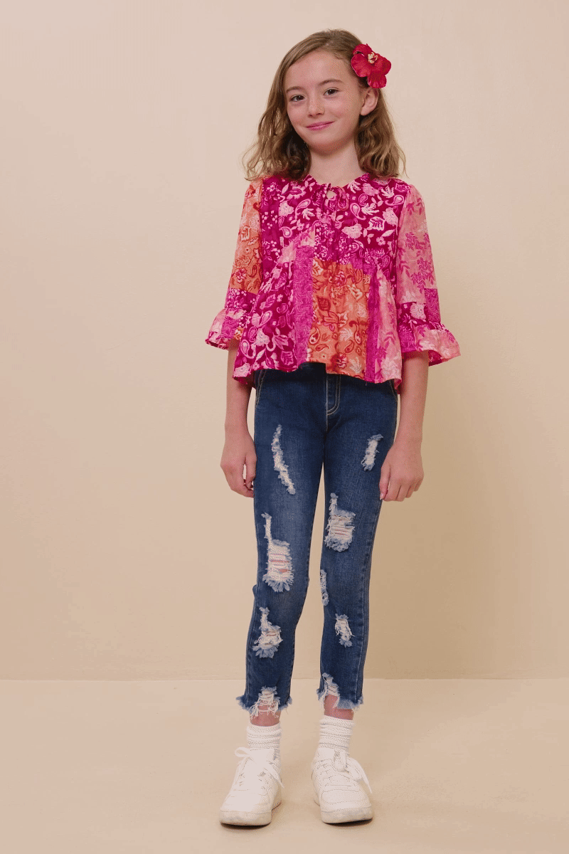 Pink Mix Girls Print Blocked Cinch Sleeve Baby Doll Top for wholesale on Faire2