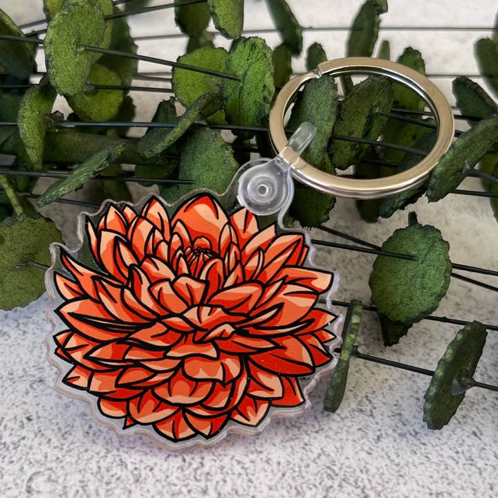 Red Dahlia Keychain, Floral Keychain, 2” x 1.75” för wholesale av Everyday H2O
