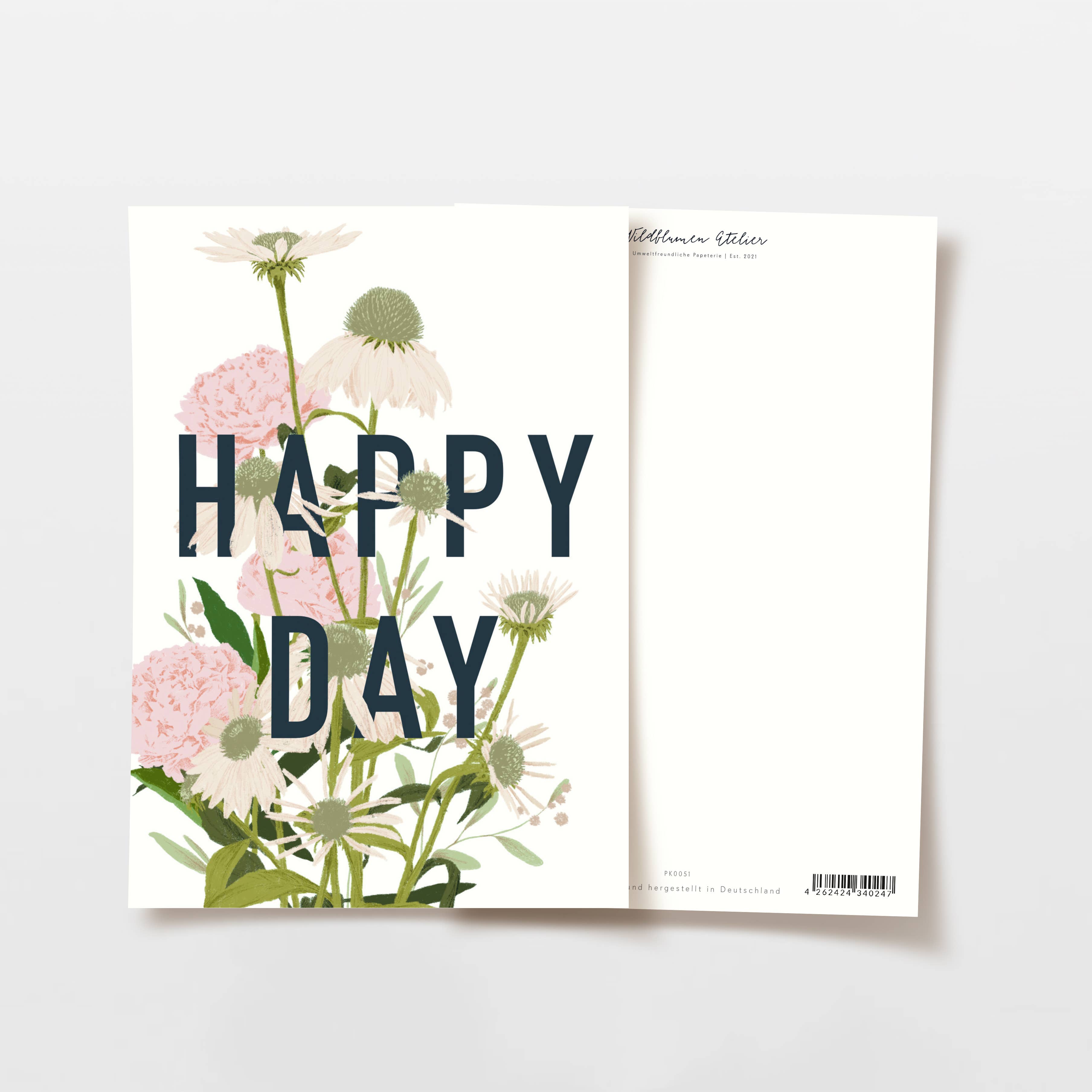 Wildblumen Atelier - Wholesale Postcard - Happy Day lettering postcard with flowers, FSC certified