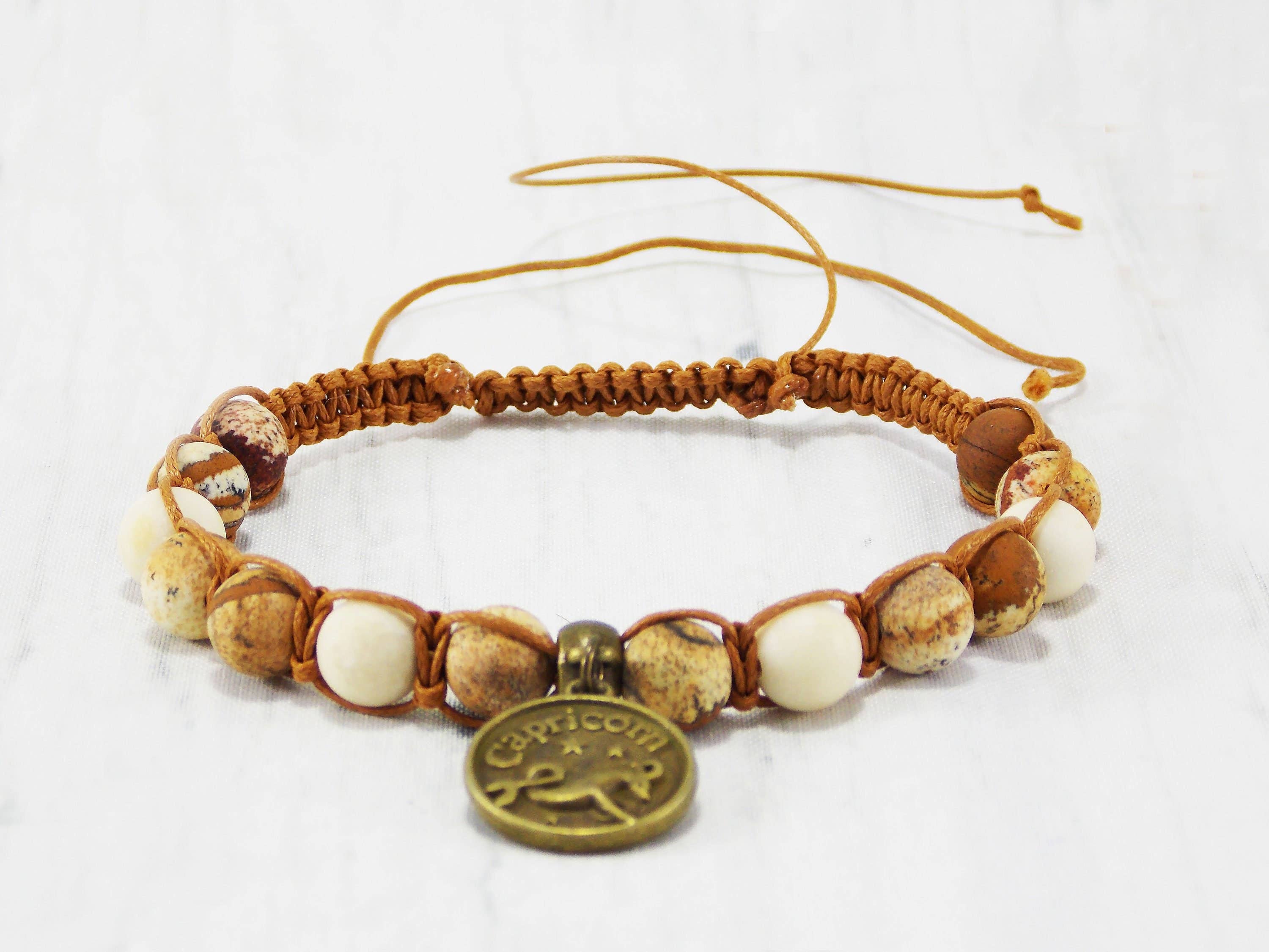 Ninolia - Venta al por mayor Pulseras de abalorios/colgantes - Pulsera Capricornio con dije de signo del zodíaco de cabra de 8 pulgadas de largo, piedra preciosa unakita macramé, regalos de cumpleaños de enero3
