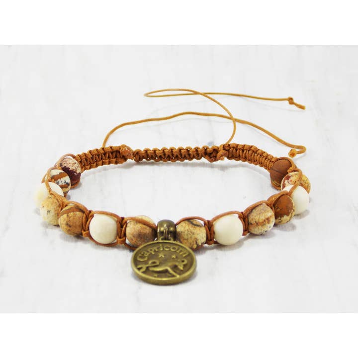 Ninolia - Venta al por mayor Pulseras de abalorios/colgantes - Pulsera Capricornio con dije de signo del zodíaco de cabra de 8 pulgadas de largo, piedra preciosa unakita macramé, regalos de cumpleaños de enero3
