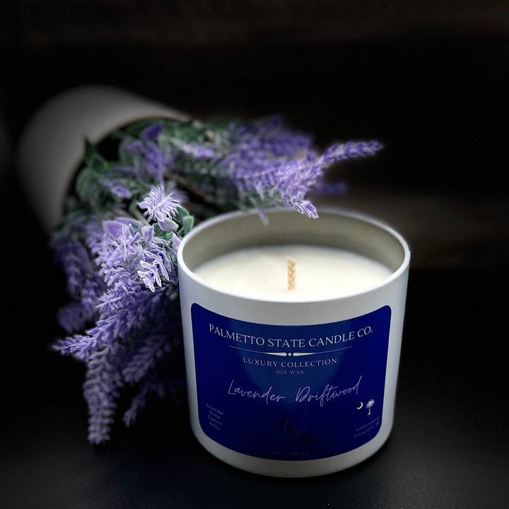 Lavender Driftwood Candle for wholesale by Palmetto State Candle Company