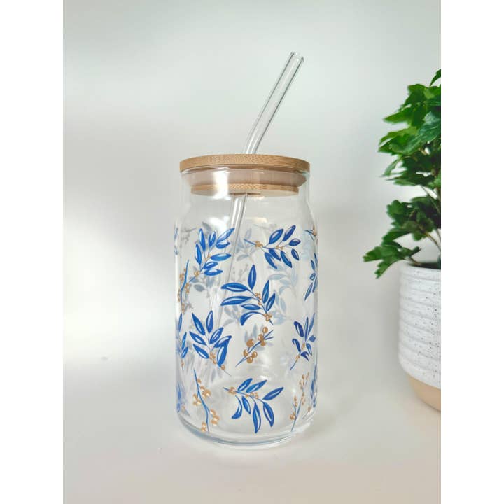 May20design - Wholesale Drinking Glass/Cup - Blue Leaf 16oz UV Print Glass Can with Lid and Straw4