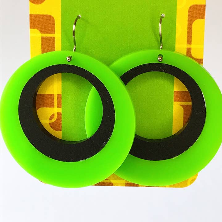Retro 60's Mod Earrings - laser cut acrylic - green & black for wholesale by Kiss My Patootie