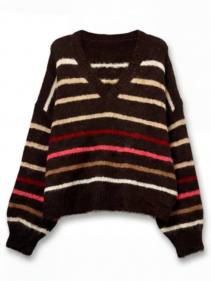 Pull marron à rayures multicolores surdimensionné pour la vente par Q2—All Orders:Free Duties for the US,UK,and Canada