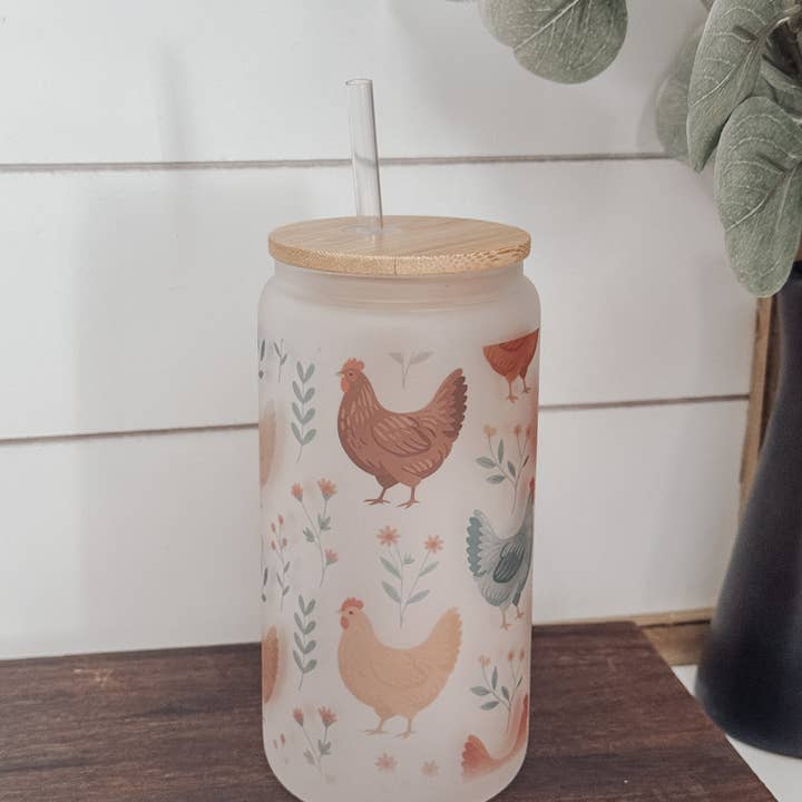 Emma K Designs - Wholesale Drinking Glass/Cup - Chicken 16oz Glass Cup with Bamboo Lid6