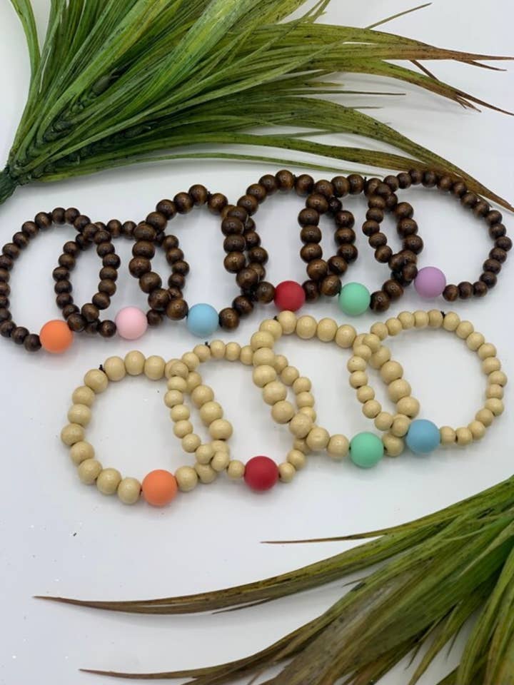 Wood Bead Bracelet with Colorful Silicone Accent Bead for wholesale by Handmade Love Love Love