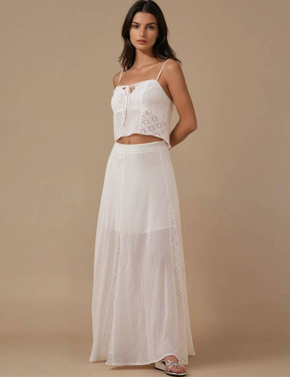 Ladies White Back Smocking Cami Top & Skirt Set SKST5KC1901 for wholesale on Faire8