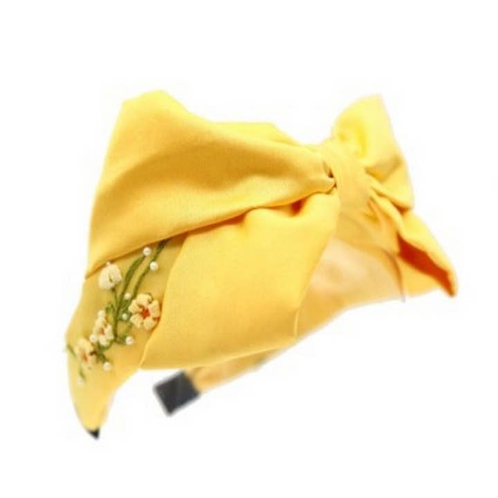 Embroidered Yellow Flower Bow Headband Creamy Silk_CWMM6121 for wholesale by ACCITY