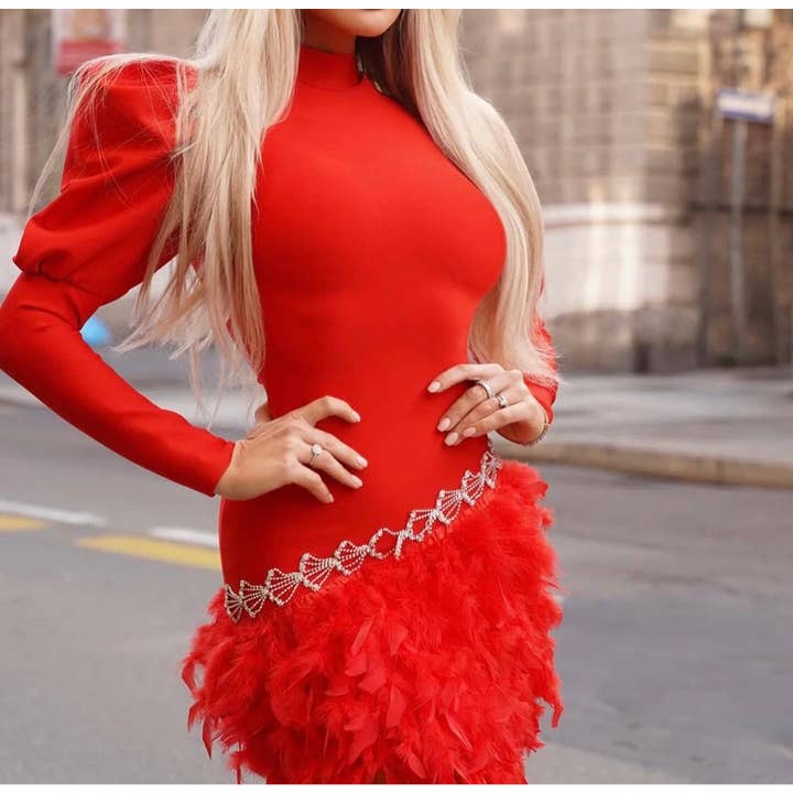 Productseeker - Wholesale Dress - Women's - DR334 Chic Red Feathered Bandage Dress