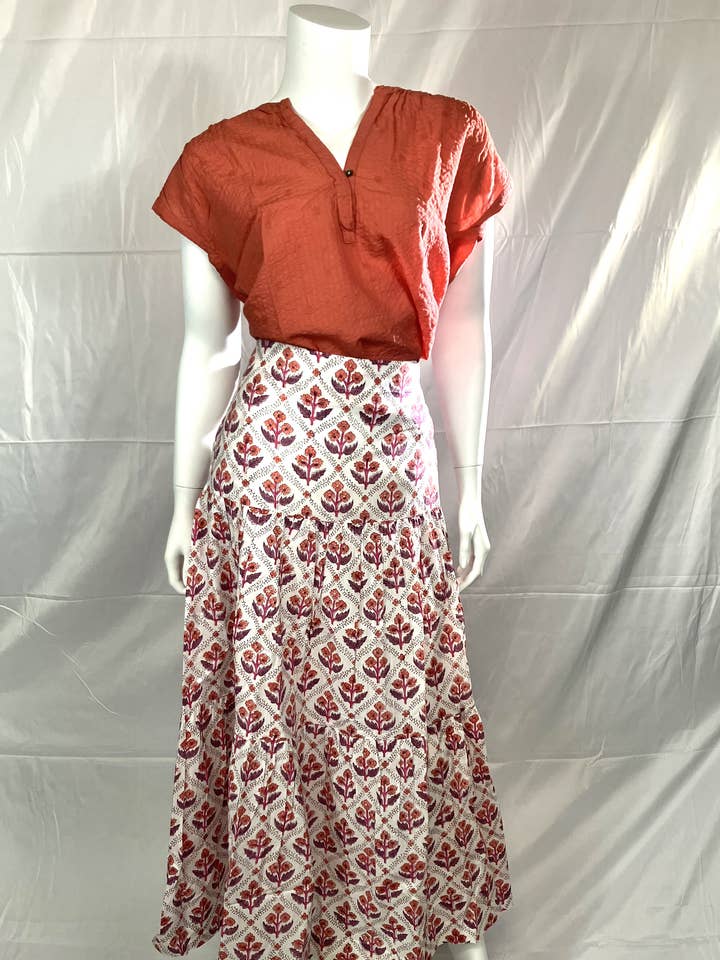 Dolma - Wholesale Skirt - Women's - Block Printed Tiered Cotton Skirt- Purple White