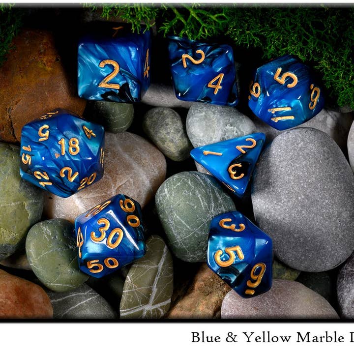 Drawlab Entertainment – wholesale Dice – Blue & Yellow Marble Dice Set