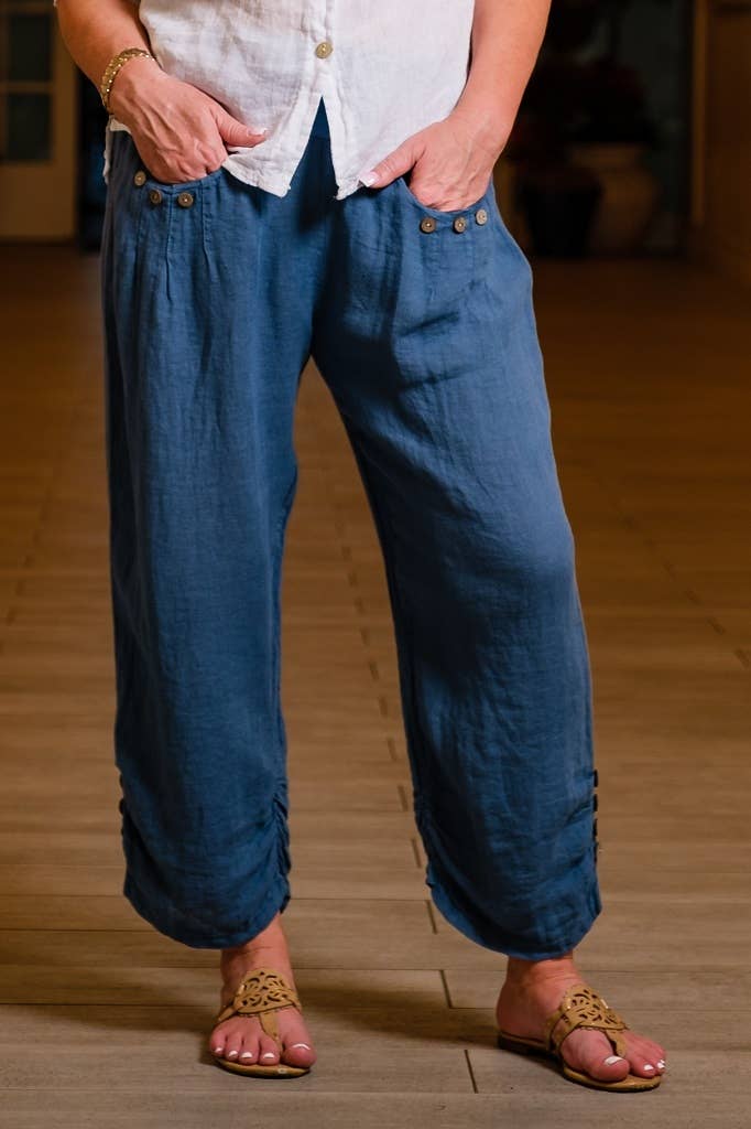 TINA Stephens Italy/Tees By Tina - Vente Pantalon – femme - Pantalon en lin Georgia Side Ruche (PL163)1