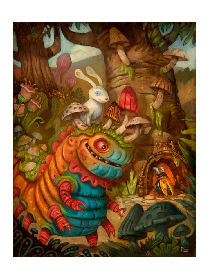 The Very Fungi Caterpillar, whimsical, bunny, Art Print for wholesale by TIM LEE RABBIT RUN STUDIOS