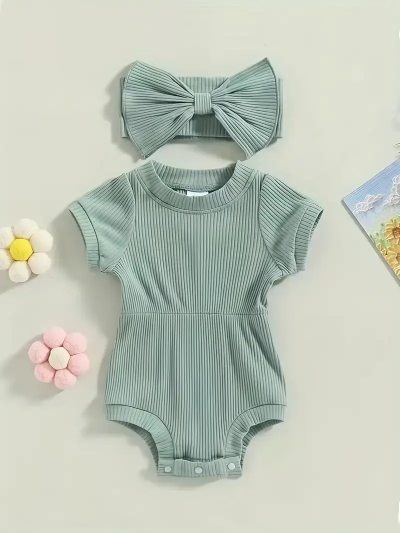 Lucky Avocado - Venta al por mayor Conjunto de ropa - Bebés - Moderno conjunto de mono de verano con diadema con lazo0