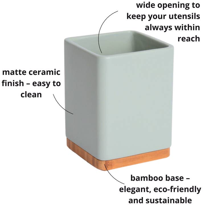 Kook Shop - Wholesale Utensil Holder - SQUARE bamboo base kitchen utensil holder - sage2