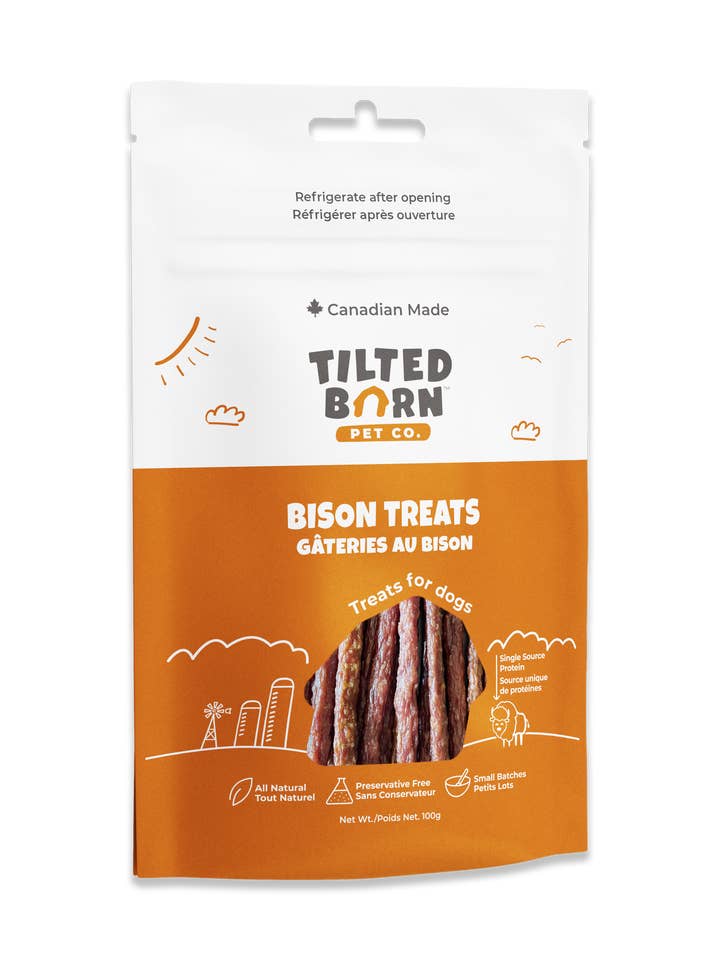 Friandises au bison pour chiens 100g/3,53oz pour la vente par Tilted Barn Pet Co.