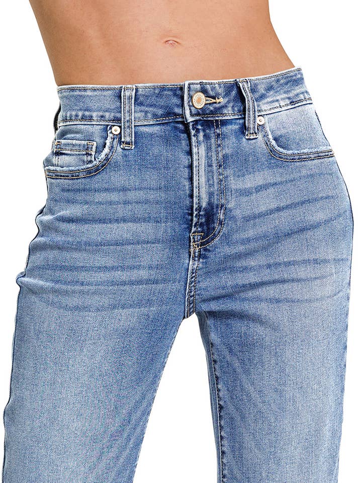 MEDIUM `.High-rise Flare Frayed Denim Jeans Pants for wholesale on Faire3