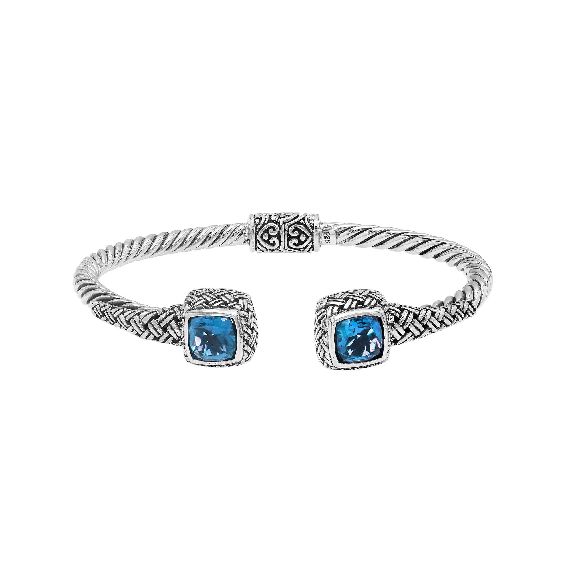 Bali Designs - Wholesale Manchet-armband - AB-1161-BT Sterling zilveren gevlochten armband met blauwe topaas kwarts uiteinden2