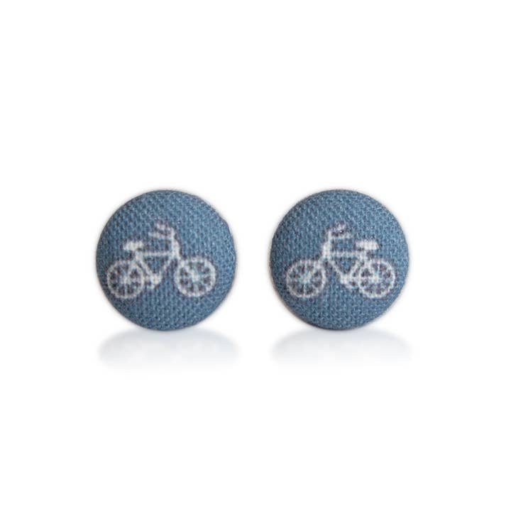 Rachel O's - Wholesale Stud/Post Earrings - Tiny Navy Bikes Fabric Button Earrings