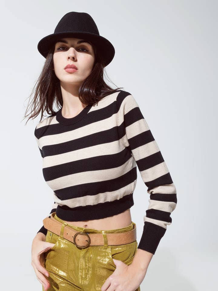 Crew Neckline Sweatshirt with Stripe Black and Beige Design for wholesale on Faire0