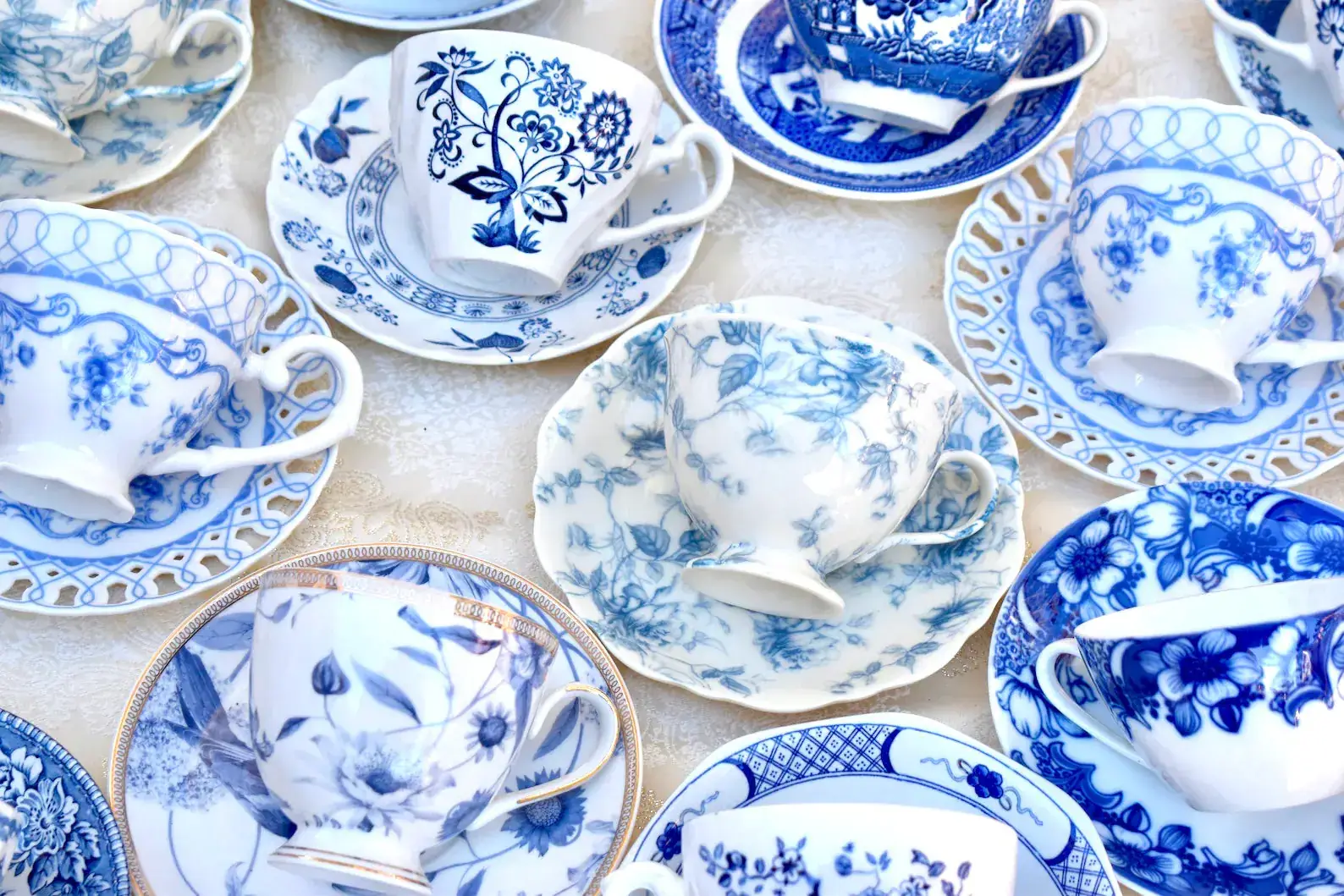 All Little Cute Things - Wholesale Tea Set - Mismatched Teacups Blue and White Catering, Event Planner3
