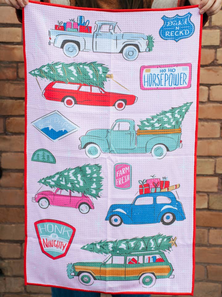 Retro Car + Tree Tea Towel - Pink for wholesale by Modern Pastime