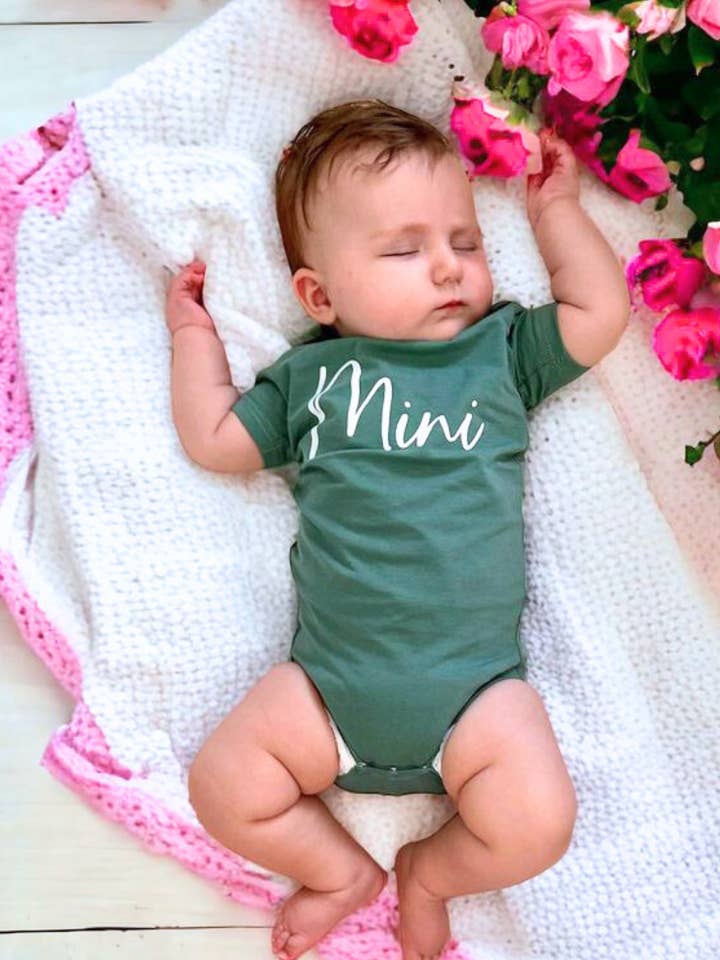 Baby Cursive "Mini” Short Sleeve Onesie- Forest for wholesale by Nursing Queen