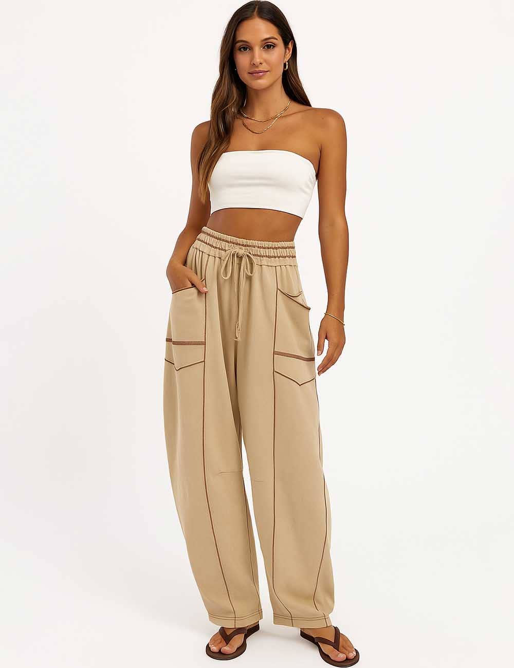 Sweetkama - Wholesale Pants - Women's - Ladies Contrast Stitching Elastic Waist Drawstring Barrel Pants3