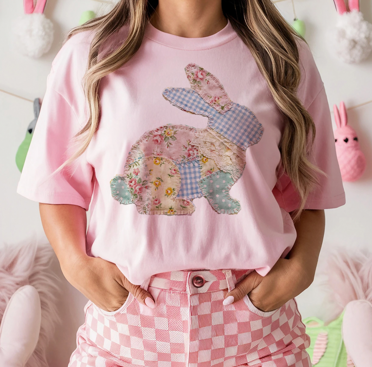 THE LATTIMORE CLAIM - Wholesale Graphic Sweatshirt - Women's - Patchwork Easter Bunny - Multiple Color Options1