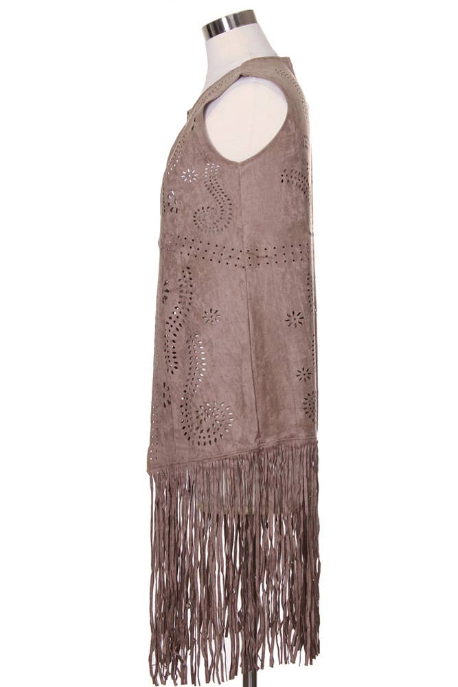 Hana - Venta al por mayor Chaleco de abrigo - Mujer - Chaleco de gamuza cortado con láser con estampado de hojas geométricas13