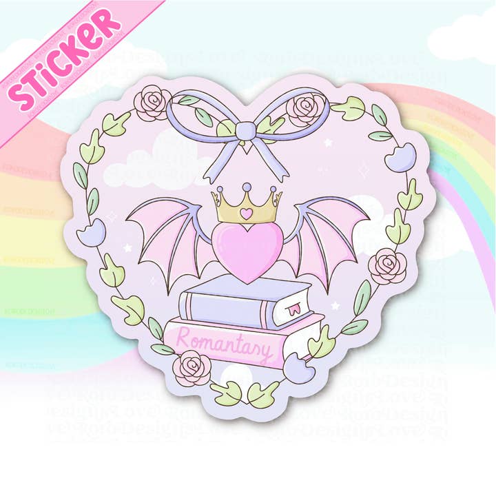 Romantasy book lover trope pastel heart sticker for kindle for wholesale by RoroDesignsLove