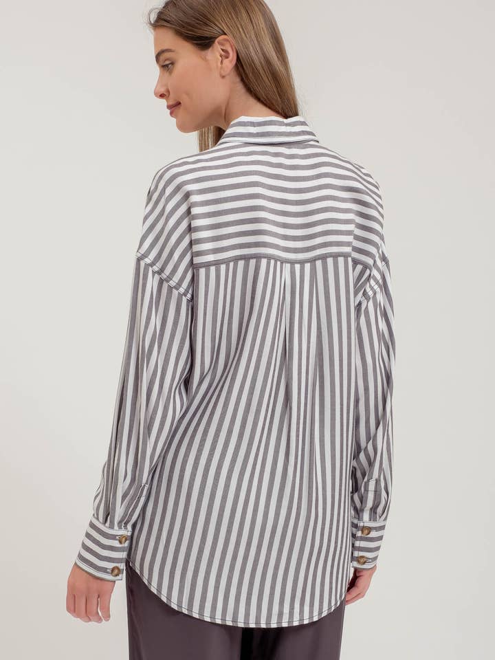 Blu Pepper - Wholesale Blouse - Women's - STRIPE COLLARED BUTTON DOWN LONG SLEEVE SHIRT