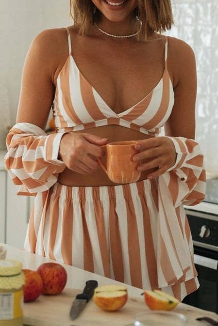 Orange Ladies Stripe Top and Shorts Daily 3PCS Set SKST1704 for wholesale on Faire7