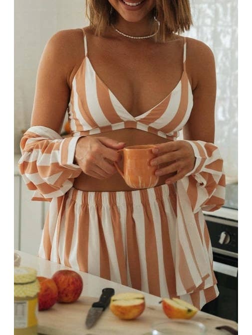 Orange Ladies Stripe Top and Shorts Daily 3PCS Set SKST1704 for wholesale on Faire7