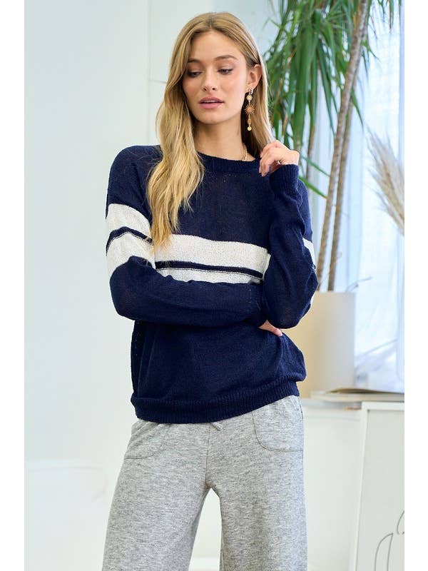 Doe and Rae - Wholesale Knit Sweater - Women's - Lightweight Knit Sweater With Big Stripe - 1602C
