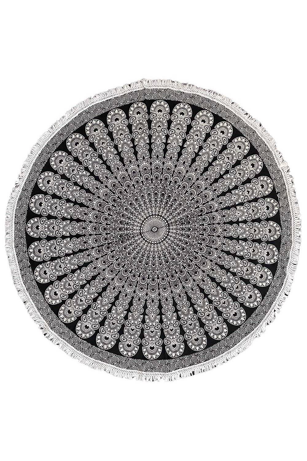 Sunshine Joy - Wholesale Tablecloth - Round Tablecloth Tapestry Black & White Fringed1