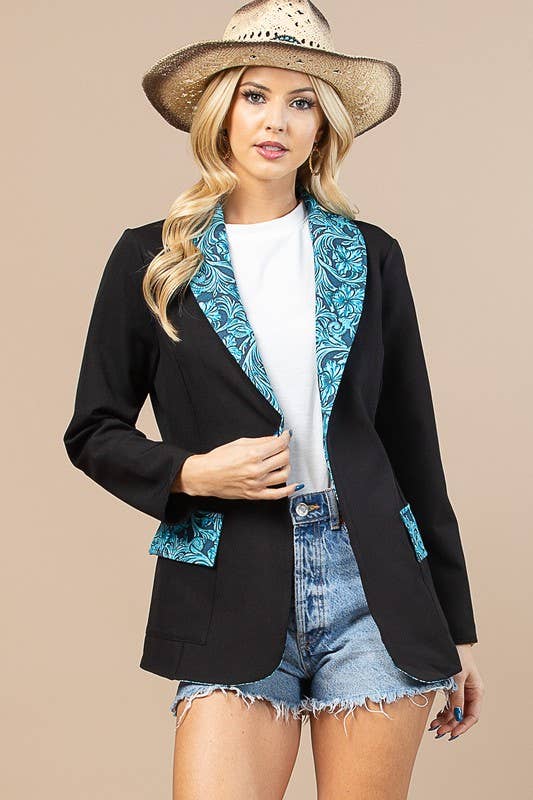 BLACK TURQUOISE AV1250-TORY WESTERN TOOLED LEATHER WOVEN BLAZER for wholesale on Faire