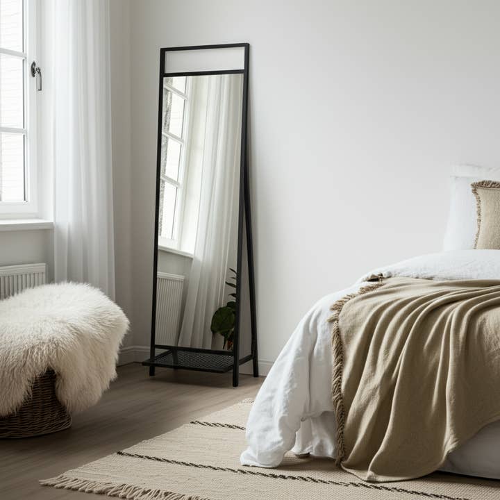 Sagebrook Home - Wholesale Floor Mirror - Floor Mirror - Black Metal Freestanding with Shelf, 63 in.