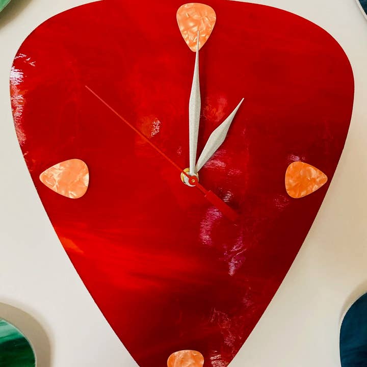 Red Wave Art Glass Guitar Pick Wall Clock - Large 11 x 9 for wholesale by Rocking The Clock