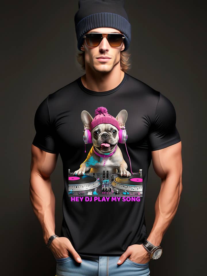 Camisetas exclusivas Frenchie Hey Dj Play my Song Art | Grooveman Music por atacado de Grooveman Music